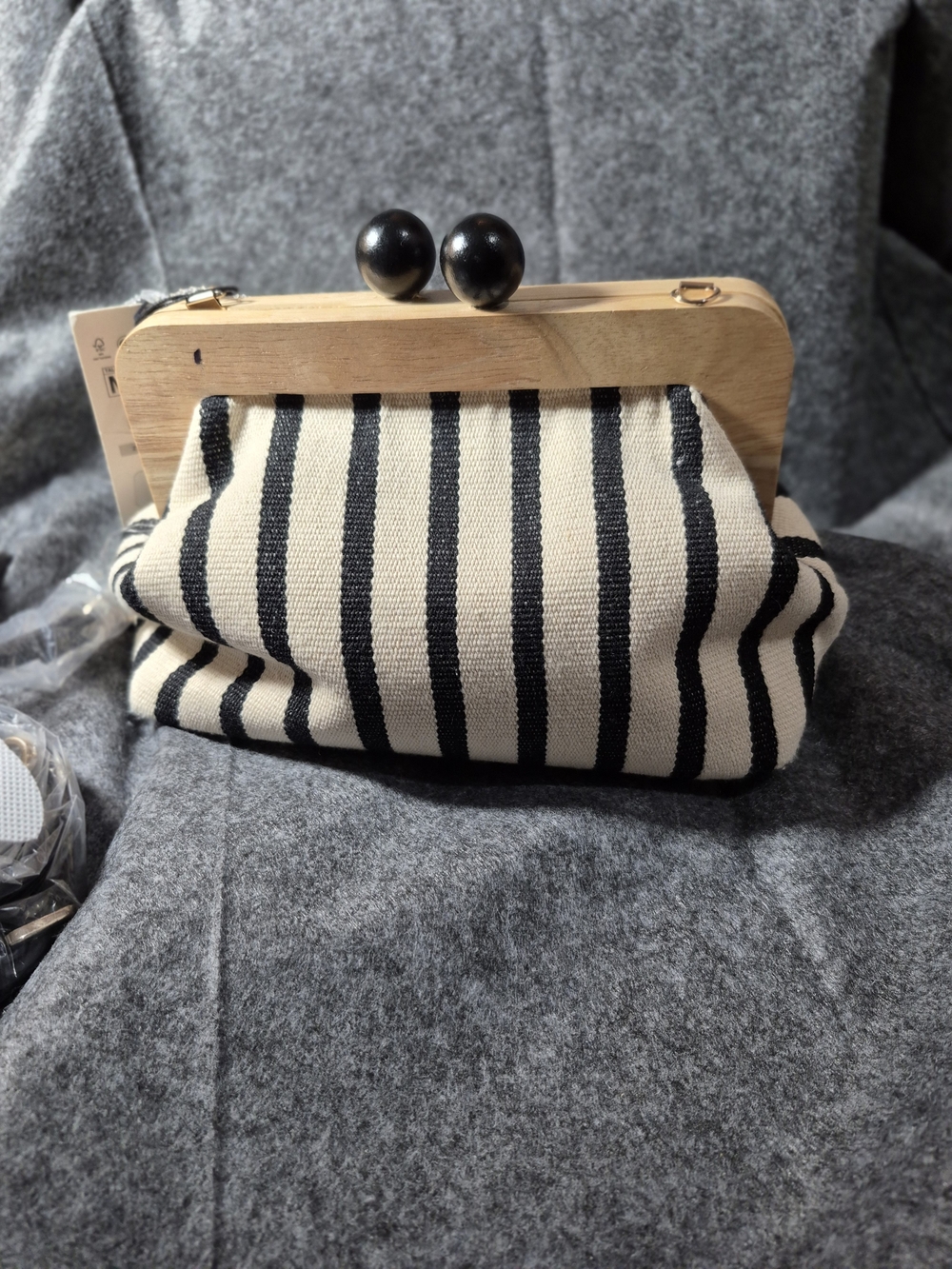 Zara Black and Cream Striped Wooden Frame Clutch